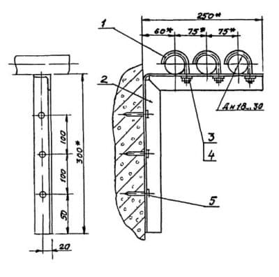 Опора для крепления трех труб к железобетонной стене на дюбель-гвоздях АПЭ 1397.0 - 1