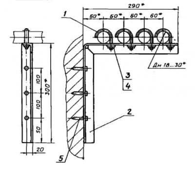 Опора для крепления четырех труб к железобетонной стене на дюбель-гвоздях АПЭ 1572.0 - 1