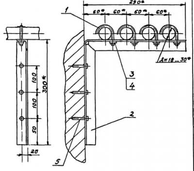 Опора для крепления четырех труб к железобетонной стене на дюбель-гвоздях АПЭ 1398.0 - 1