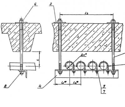 Подвеска для крепления четырех труб к железобетонным плитам перекрытия АПЭ 1403.0-03 - 1