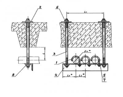 Подвеска для крепления трех труб к железобетонным плитам перекрытия АПЭ 1576.0-03 - 1